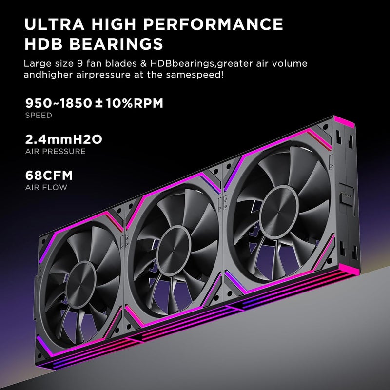 Jungle Leopard Interstellar V2 RS 120mm PC Reverse Blade Case Fan Infinity Mirror Module Daisy-Chain ARGB Fan Triple Pack Suitable Computer Cooling Fans 360mm AIO Cooler(Black-3Pack) - Image 4